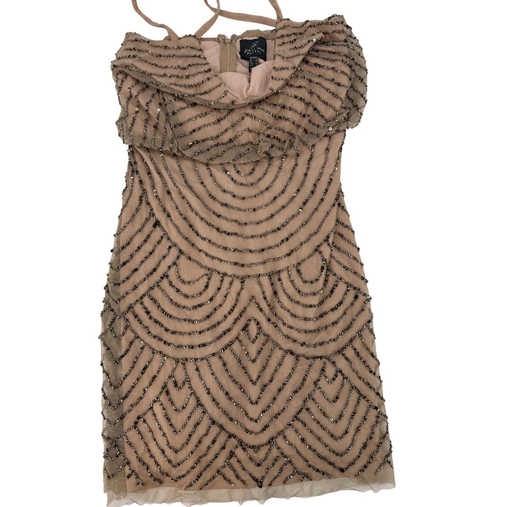 Adrianna Papell‎ Beaded Sequin Mesh Sheath Dress Blush Pink Art Deco Size 0 - Picture 2 of 9